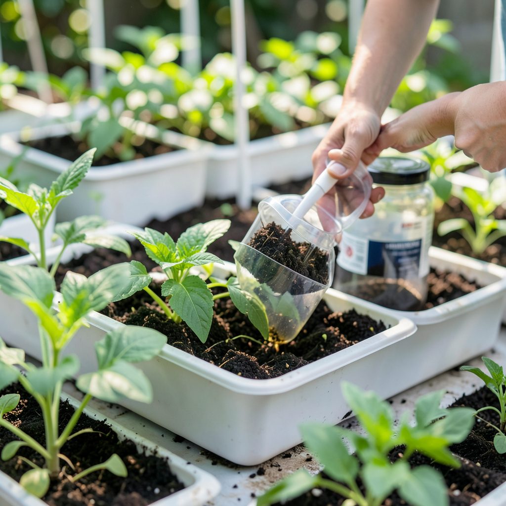 Kebun hidroponik hijau segar dengan nuansa biru navy kebiruan dan cahaya lembut, suasana tenang dan produktif